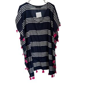 NEW KiKiSol Navy White Stripe Pink Tassel Kaftan Swim Cover Up Women's OS